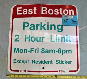 Vtg EAST BOSTON SIGN Parking Limit BTD 18x18' Genuine Red & White Metal