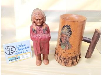 Native American Wood Carved Statue & Log Mug