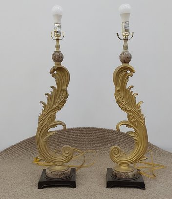 Pair Of 29' Stylized Gold Feather Lamps On A Block Base