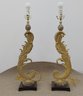 Pair Of 29' Stylized Gold Feather Lamps On A Block Base