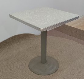 30' Square Dinner Height, Retro Mottled Grey &  White With Chrome Trim,  Pedestal Table