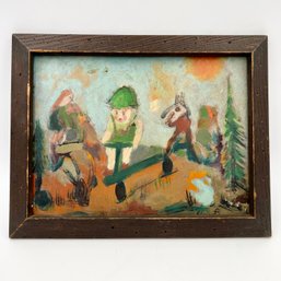 Antique Early-1900s Childs Painting Of PETER & THE WOLF In Wooden Frame (14in X 11in)