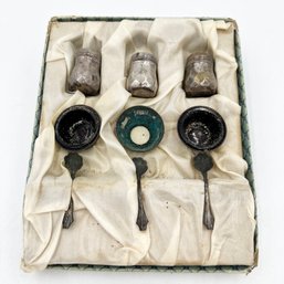 RARE - STERLING SILVER - V.L. Vincent Lollo Boxed Salt Shakers Condiment Cups W/ Miniature Spoons