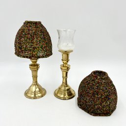 Pair Of Beautiful Brass Votive Candle Holders With Colorful Beaded Lamp Shades