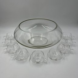 Stunning MCM Large Glass Punch Bowl W/ 9 Punch Glasses - Perfect For Entertaining!