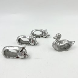 Set Of 4 Vintage Metal Napkin Rings / Holders (3 Pigs, 1 Duck)
