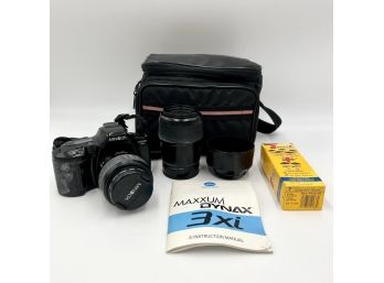 Minolta Maxxum 3xi Film Camera 35mm W/ AF Zoom Xi 28-80mm F/4(22)-5.6 Lens, PLUS Xi 100-300mm Lens And Film