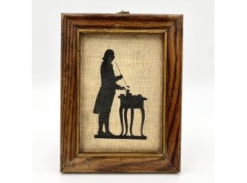 Vintage Framed Silhouette Handprint Of Colonial Man Smoking A Pipe, On Pure Linen - By Kay Dee