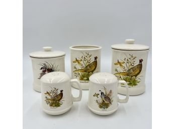 Vintage HOLIDAY DESIGNS USA Ceramic Salt & Pepper Shakers, 3 Kitchen Canisters Set - Pheasant, Quail, Duck