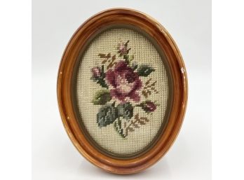 Vintage Needlepoint Roses In Oval Wooden Frame - Handmade Pink Floral Flowers