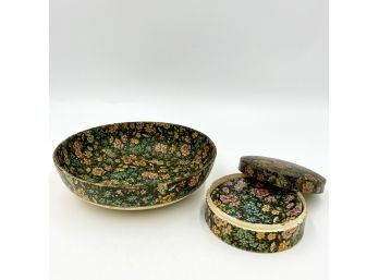 Vintage HIGHMOUNT QUALITY Paper Mache Floral Bowl And Coaster Set - Made In JAPAN