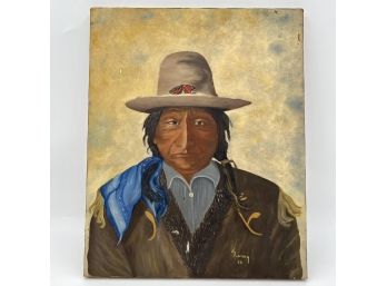 Stunning Large Portrait Of Sitting Bull, 1986 Painting On Fiber Canvas By Artist L. Laney