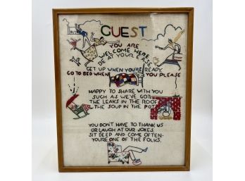 Vintage Embroidered Picture/poem On Linen Fabric, Entitled 'GUEST', 14.5in X 17.75in