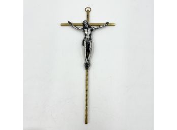 Beautiful, Tall / Thin Gold Tone Crucifix With Silver Christ Figure
