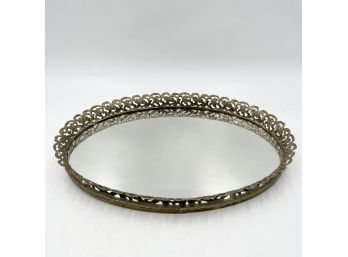 Vintage Art Nouveau Goldtone Filigree Metal Oval Mirrored Vanity Tray