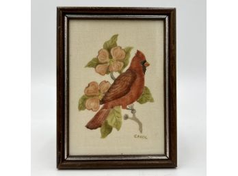 Beautiful Painted Cardinal On Linen In Vintage  Wooden Frame, Artist Signature Reads CAROL