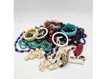 18 Pieces Of Vintage Costume Jewelry Beads, Mid-Century, Art Deco, Necklaces, Bracelets, Bangles