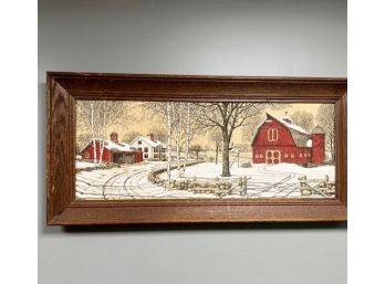 Vintage Kay Dee Handprints 100 Pure Linen Framed Print Of New England Winter Barn House - 36x16