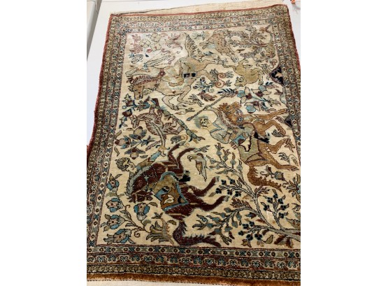 Hand Knotted Persian Hunting Qum Silk Rug  32'x22'.  #4667.