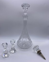 Beautiful Crystal Wine Decanter And Two CandleHolders