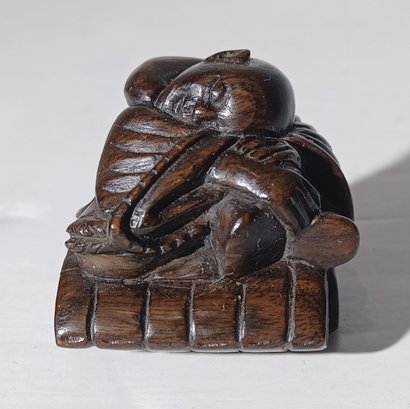 Hand Carved Signed Vintage Netsuke Rosewood Boxwood Sleeping Monk Man