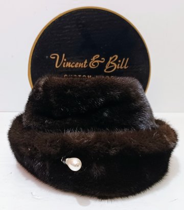 Vincent & Bill Custom Made New York Vintage Women's Brimmed Winter Real Fur Hat With Gemstone Hat Pin