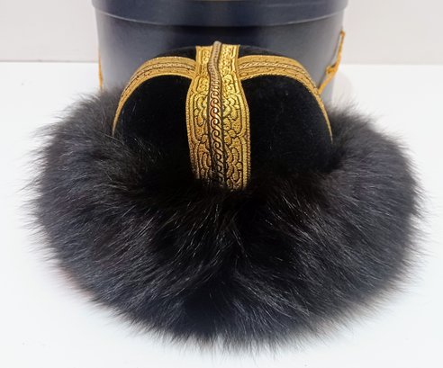 Charles Jourdan Parallele Vintage Women's Winter Black Felt & Real Fur Hat Raised Gold Embroidery Decoration