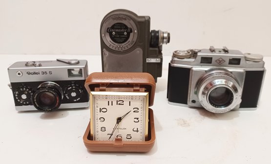 Assorted Early To Mid 20th C. Cameras Rollei 35 S Agfa Super Silette Cinemaster II Westclox Travel Alarm Clock
