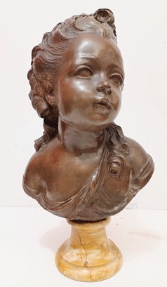 Decorative Vintage Parian Bust Of Young Girl On Marble Pedestal With Bronze Finish