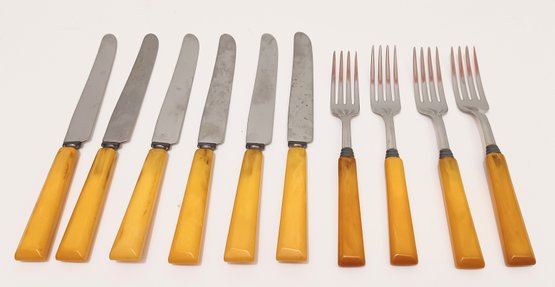 Bakelite Royal Brand Cutlery Flatware Stainless Steel 10 Pcs Mid Century Modern Butterscotch Handles