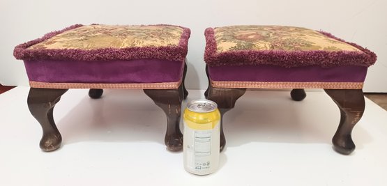 Two (2) Matching Pair Queen Anne Bench/Stool With Decorated Tapestry Seats And Velvet Trim