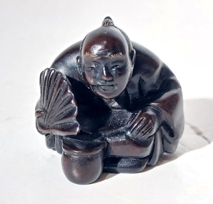 Vintage Netsuke Hand Carved Signed Rosewood Boxwood Seated Man With Fan & Cup