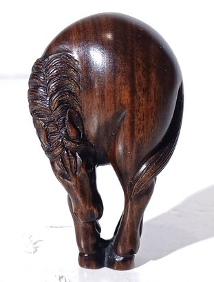 Vintage Netsuke Hand Carved Signed Rosewood Boxwood Horse Bowing Its Head