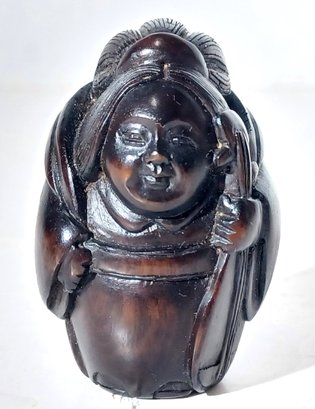 Vintage Netsuke Hand Carved Signed Rosewood Boxwood Female Musician COLLECTIBLE!