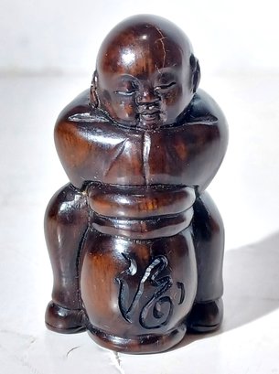 Vintage Netsuke Hand Carved Signed Rosewood Boxwood Sleeping Drummer COLLECTIBLE!