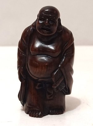 Vintage Netsuke Hand Carved Signed Rosewood Boxwood Laughing Monk GOOD LUCK!