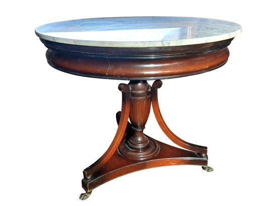 Antique Empire Style Round Polished Marble Topped Carved Wood Table Bronze Lions Paw Feet