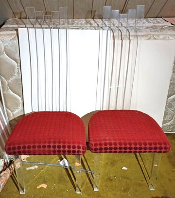 Pair (2) Vintage Modern Lucite & Crushed Red Fabric High Back Accent Chairs Very Good Condition