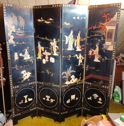 Vintage Chinese Coromandel Four Panel Room Divider Screen 3 Dimensional Carved Stonework 72' Tall