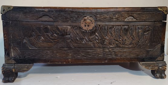 Antique Trunk Hand Carved Wooden Chest With Nautical Sailing Ship & Animal Designs Brass Corners Carved Feet