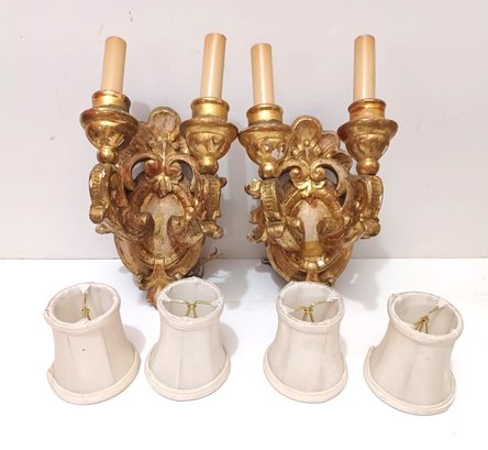 Pair Of Antique Carved Italian, Gilt Wood Light Sconces With Shades