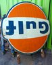 Super Rare Vintage GULF Oil Outdoor 2 Side Painted Metal Advertising Street Sign 6' Tall 4' Deep With Brackets