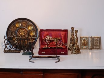 Antique Judaica - Menorahs, Platter, Double Oval Silver Frame, Engraved Silver Book Cover & More!