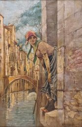 Donatus Buongiorno Listed Italian Artist Signed Antique Oil On Canvas Venice Woman By Canal Framed