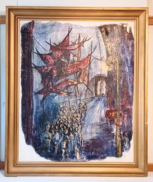 Vernon Fisher (Attr.) Very Large Signed Original Oil On Canvas Figures Cityscape Framed 42 X 50