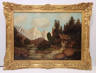 J Jansen 19th Century Antique Original Oil On Canvas Signed Mountain Cabin Landscape With Figures