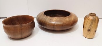1993 Artist Signed Hand Turned Hardwood Bowl, Wide Display Bowl And Hawaiian Made & Signed Vase