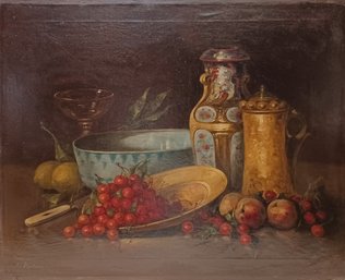 Anton Redwitz Austrian Artist Signed Original Oil Canvas Still Life With Fruit & Copper Vessels