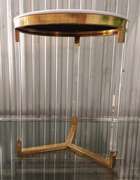 Modern Designer Round Metallic Gold & Lucite 3 Legged Side Table With Pleather Top 23' Tall (1 Of 2) MSRP $300