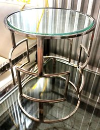 Modern Designer Round Geometric Chrome Finish Side Table With Beveled Mirror Top 19' Tall MSRP $150